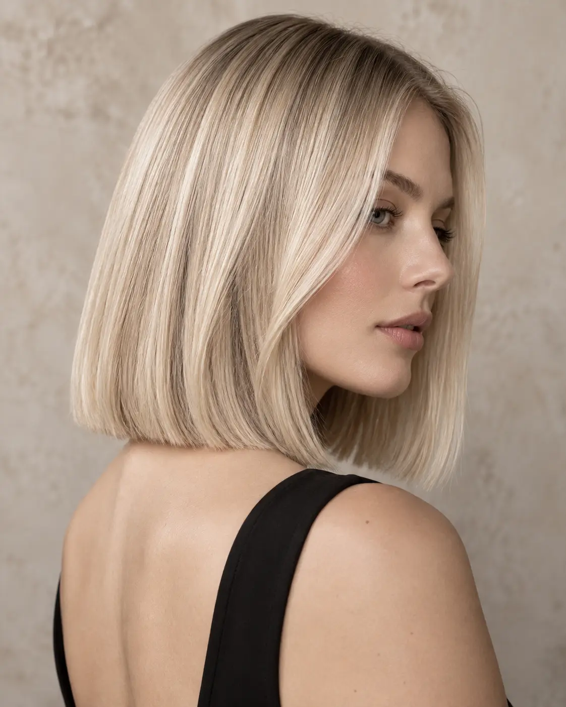 Model with a sleek beige blonde bob