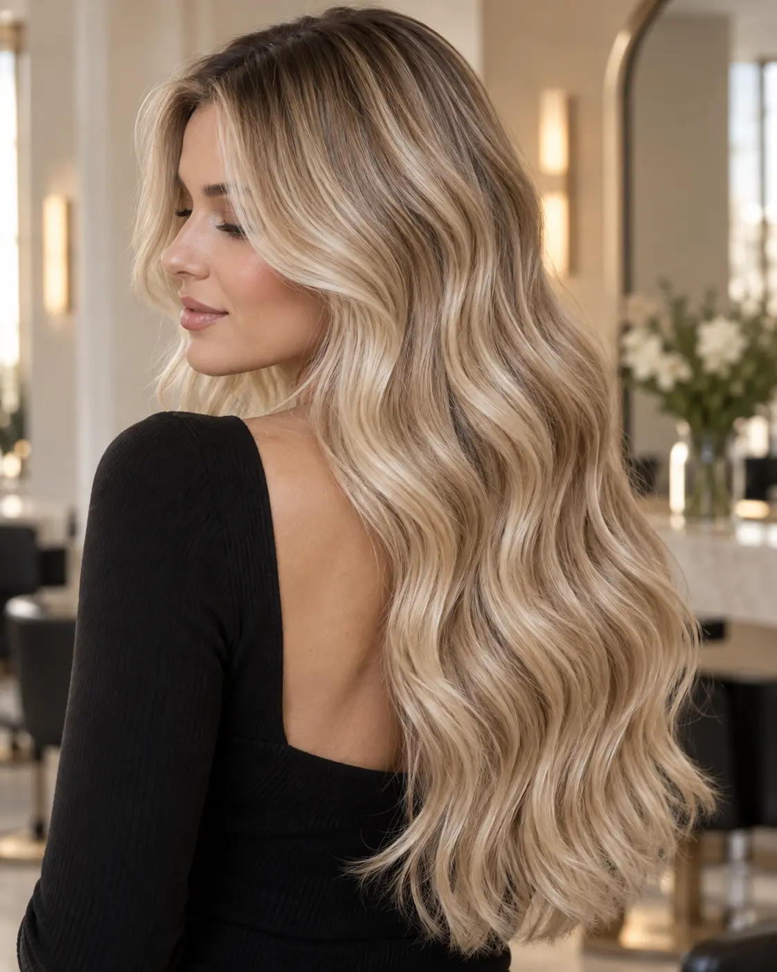 Model with long champagne blonde balayage waves