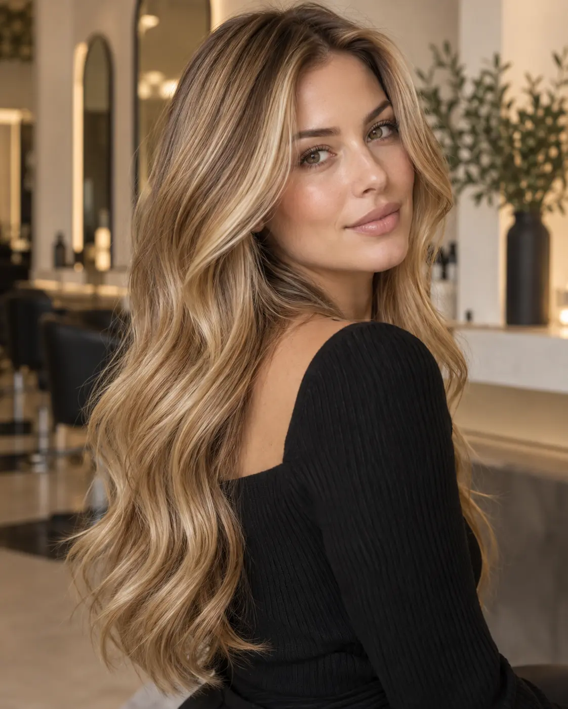 Model with warm honey blonde waves and face framing highlights