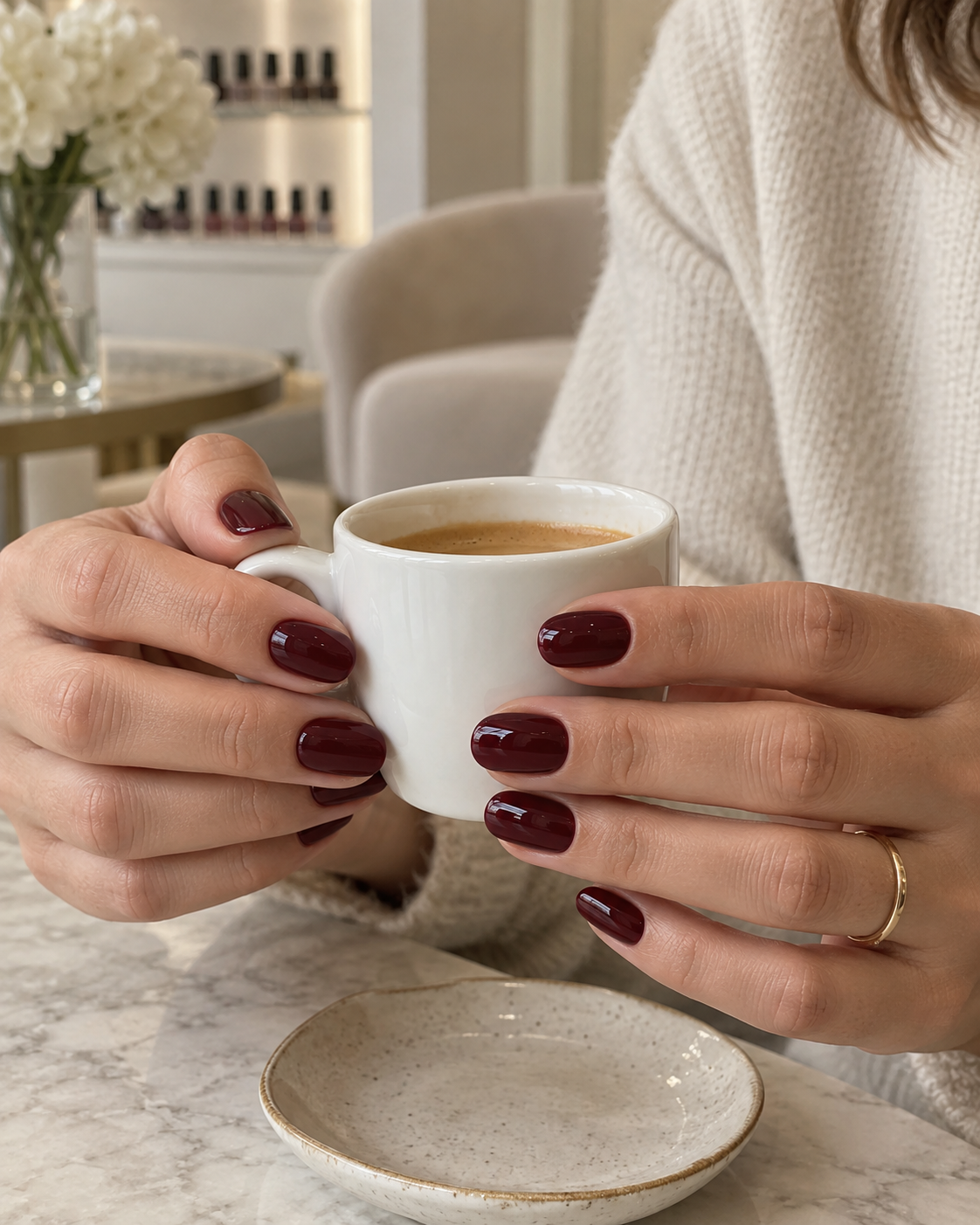 Deep burgundy glossy manicure on a model's hands