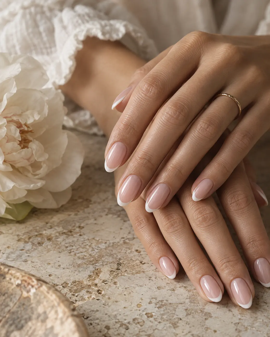 Delicate micro French manicure on a model's hands